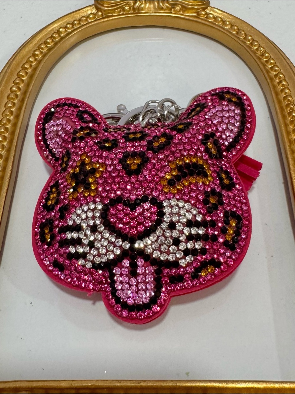 New Dopamine Rhinestone Pink Leopard Face Keychain